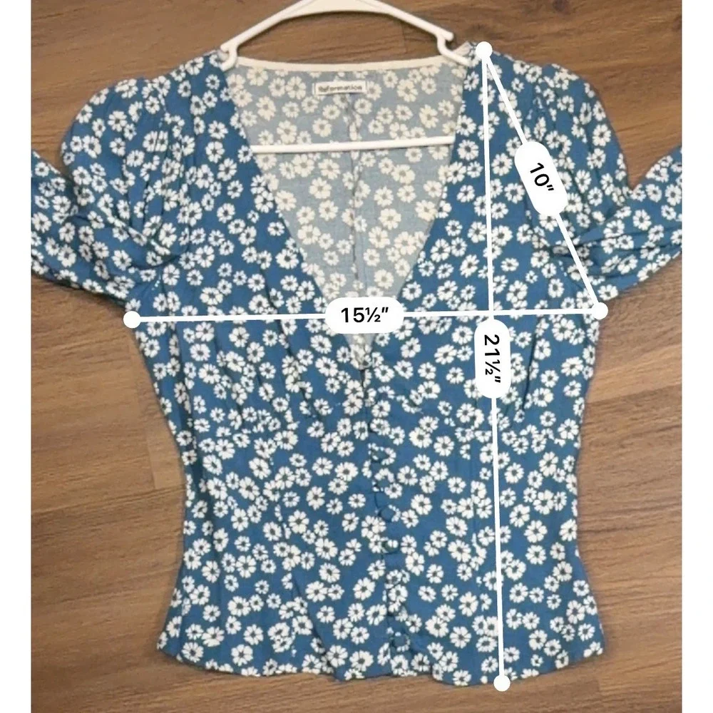 Reformation Blue Daisy Floral Button Front V-Neck Peplum Top Small Long Sleeve